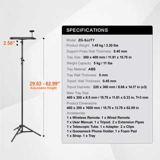 Projector Stand Tripod | Adjustable Height 26.97–63 in | Portable Projector & Laptop Stand with Tray & Gooseneck Phone Holder | Outdoor Movies, Home, Office, Stage & Studio