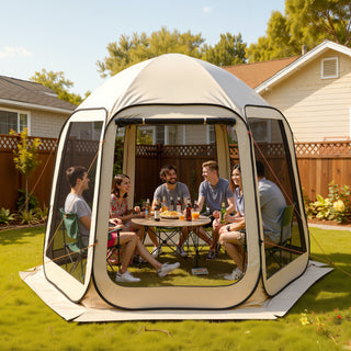 Screen House Tent 10 x 9.2 ft | Pop-Up Screen Tent for 4–8 Persons with Netting Sides, Carry Bag & Ground Stakes | Portable Screened Canopy for Garden, Patio & Outdoor Use – Beige