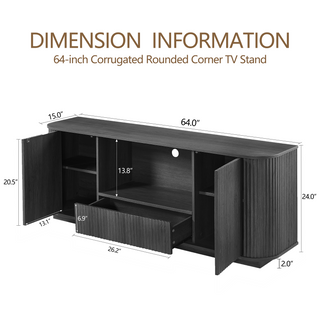 Modern 64" Black Wavy TV Stand with Rounded Sideboard - Fluted Media Cabinet