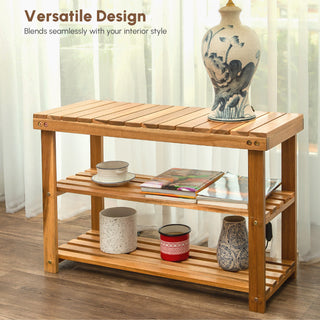 Acacia Wood Shoe Rack Bench, 2-Tier Natural Wooden Organizer for Entryway or Bathroom, Warm Grain Finish, 27.6'L x 11'W x 17.8'H