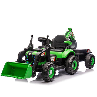 24V kids ride-on electric tractor with front loader, backhoe lever and detachable wagon