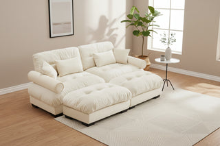 Over Size Modern Cream Velvet 2-Seater Sofa with Ottoman and; Bolster Arms