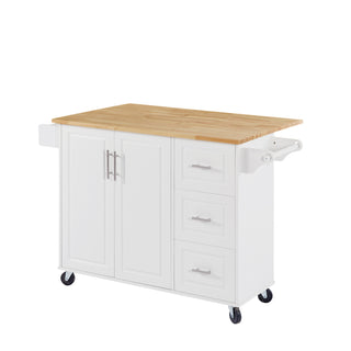 Kitchen Island with Drop Leaf Countertop, Rolling Cart with Barn Door Storage Cabinet & Tower Rack, On-Wheels Island Table for Kitchen, White