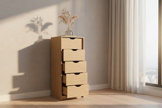 Basilea Tall Narrow 5-Drawer Dresser Natural Oak | Space-Saving Vertical Chest