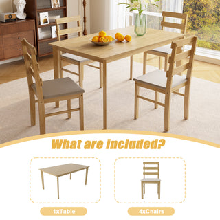 Original Wood 5-Piece Dining Table Set – 100% Solid Wood Rectangular Table and 4 Back Chairs, Practical Household Wooden Dining Room Furniture Set, Heavy Duty Minimalist Kitchen Table Set, 5-Pcs