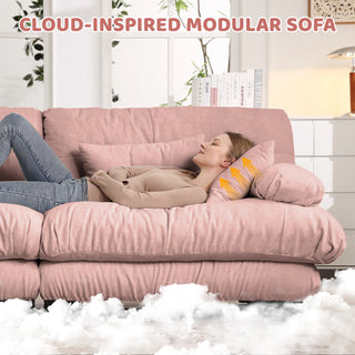 Cloud Couch Sleeper Sofa in Pink Chenille - Wide Arm 2-Seater with 2 Ottomans