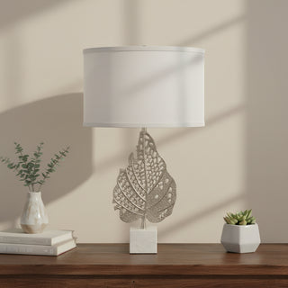White & Silver Leaf Table Lamp (29.3" Height) w/ White Drum Shade & Genuine Marble Base | Luxury Modern Accent Lighting for Bedroom, Living Room, Foyer (Assembly Required)