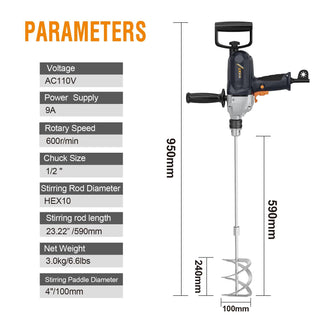 Drill Mixer Set with Spade Handle 1/2 inch Electric Corded Mixing Drill Machine 9A Motor Concrete Mud Mixer