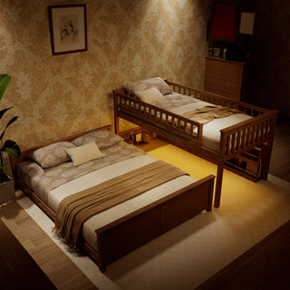 Twin XL Over Queen Bunk Bed with Integrated Shelving, Color-Changing LED Lights and Pegboard – Brown Modern Space-Saving Bed