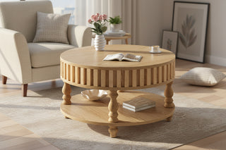 Natural Wood Mid-Century Modern Fluted Coffee Table with Storage ; Flip-Top Lid