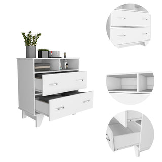 Portanova White 2-Drawer Dresser with Open Shelves and Superior Top