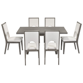 TREXM Wood Dining Table Set for 6, Farmhouse Rectangular Dining Table and 6 Upholstered Chairs Ideal for Dining Room, Kitchen (Grey+Beige)