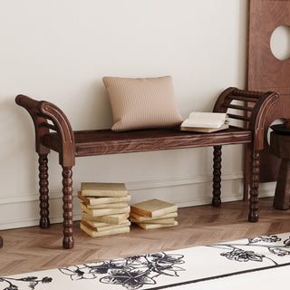 Elegant Retro Style Bench with Turned Legs, Bed End Bench for Bedroom or Living Room Decor, Walnut
