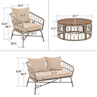GO Bohemia-inspired 4-Person Outdoor Seating Group With Removable Cushions, Conversation Patio Set With Wood Tabletop, Beige