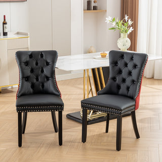 A&A Furniture Nikki Collection 2-Pcs Set Modern Tufted Dining Chairs, Solid Wood Legs, PU & Velvet Upholstered with Nailhead Trim, Black & Wine Red, Burgundy, SW2101BW