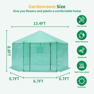 Walk-in Greenhouse Hexagonal Upgrade Reinforced Frame Heavy Duty Plastic Greenhouse Reinforced Thickened Waterproof Insulation(13.1*8.6 ft)