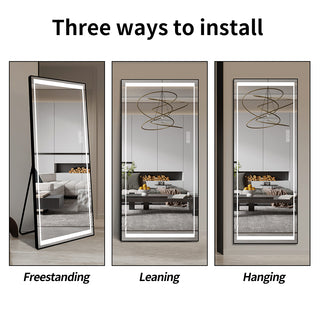 LED Full Length Mirror with Lights, Wide Standing Tall Full Size Mirror, Large Floor Mirror for Bedroom, Lighted Full Body Dressing Mirror with Stand Up Design