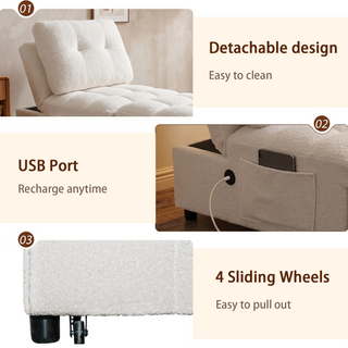 Single sofa bed without armrests, soft teddy fabric texture, skin-friendly, built-in USB charging port, side storage pocket, adjustable backrest, suitable for small apartment living rooms or studies