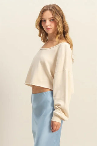 HYFVE Frayed Detail Boat Neck Long Sleeve Crop Top