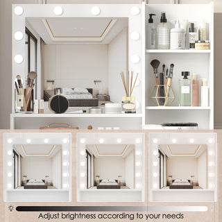 Modern White Vanity Desk with Mirror &amp; Lights - 3-Level Storage Dressing Table with Large Drawer &amp; Adjustable Brightness