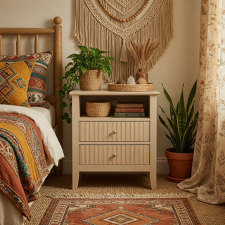 18' Beige Fluted Nightstand with 2 Drawers - Modern Bedroom Sofa Side Table in Matte Beige Engineered Wood with Gold Knobs