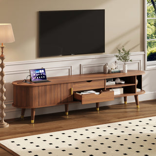 Wooden Oval Fluted TV Stand with Charging Station - 83.5" Walnut Mid-Century Media Consol