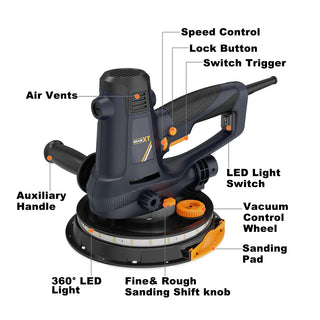 Handheld Drywall Sander 810W, Electric Sander for Walls,Rough and fine Sanding, 1500-2800RPM Variable Speed, Upgraded Pad, Adjustable Suction, Self-Dust-Extraction (120, Volts)
