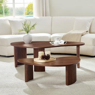 2-Piece Modern Irregular Shape Nesting Coffee Table Set – Walnut Finish Living Room Coffee & Side Tables, Easy Assembly