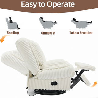 [NEW ARRIVAL] 360° Swivel Rocking Recliner Chair – Manual Glider Armless Single Sofa with Adjustable Backrest, Footrest & Pillows, Corduroy Upholstery for Living Room or Small Spaces, Beige