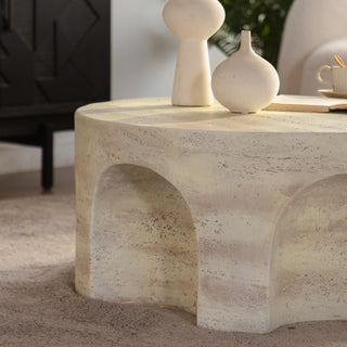 MgO Modern Minimalist Round Accent Coffee Table with Unique Arched Cutout Base, No Assembly Required, Sturdy Structure for Living Room, Bedroom & Outdoor Home Decor.