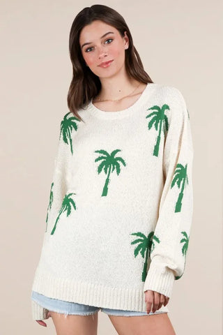 VERY J Palm Tree Graphic Oversized Knit Sweater