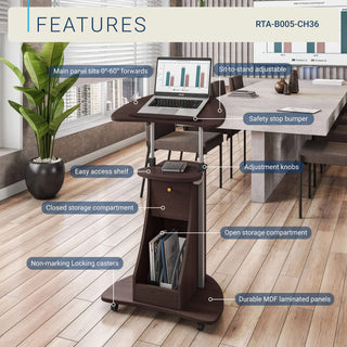 Sit-to-Stand Rolling Adjustable Laptop Cart With Storage, Chocolate
