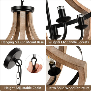 19 inch Farmhouse Chandelier, 5-Light Solid Wood, Brown