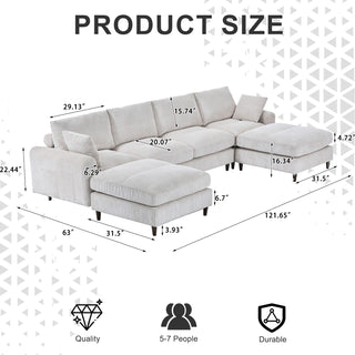 Modern Corduroy Modular Sectional Sofa – 6-Seat U-Shaped Convertible L-Shaped Sofa Set with Pillows, Oversized Sectional Couch with Footstool for Living Room, Apartment, and Office, Heavy Duty White Modular Furniture