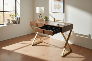 ACME Coleen Walnut &amp; Gold Vanity Desk with Mirror &amp; Jewelry Tray - Modern 2-Drawer Dressing Table with X-Shape Metal Frame