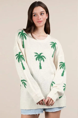 VERY J Palm Tree Graphic Oversized Knit Sweater