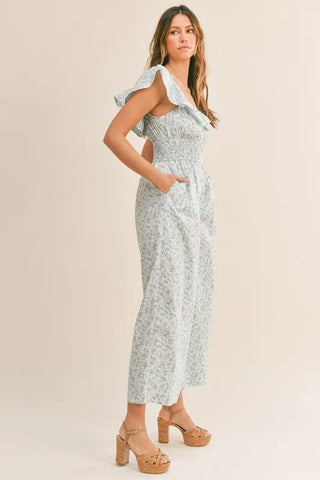 MABLE Floral Print Ruffled Cap Sleeve Jumpsuit