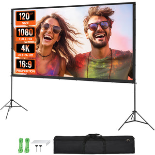 Projector Screen with Stand 120 Inch | 16:9 4K 1080P HD Outdoor Movie Screen with Tripods & Carry Bag | Wrinkle-Free Projection Screen for Home Theater & Backyard Movie Night