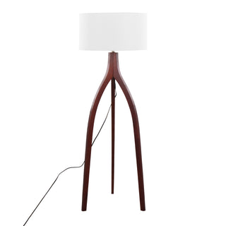 Wishbone Contemporary Floor Lamp in Walnut Wood with a White Fabric Shade by LumiSource