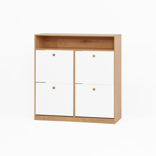 Natural Particle Board Shoe Storage Cabinet with 4 Flip Drawers and Wooden Handle for Entryway