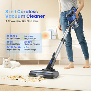 POWEART V870 BLUE Cordless Vacuum Cleaner | 30KPa Strong Suction, 350W Motor | Up to 45-Min Runtime, 8-in-1 Stick Handheld | Lightweight Pet Hair Vacuum for Hardwood & Carpet