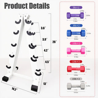 6–10 Pair Dumbbell Set 5–15 lbs – Hex Iron & Rubber Free Weights with Vertical Storage Rack for Home Gym Strength Training