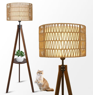 Boho Tripod Floor Lamp with Shelves, Rattan and Fabric Shades