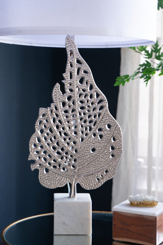 White & Silver Leaf Table Lamp (29.3" Height) w/ White Drum Shade & Genuine Marble Base | Luxury Modern Accent Lighting for Bedroom, Living Room, Foyer (Assembly Required)