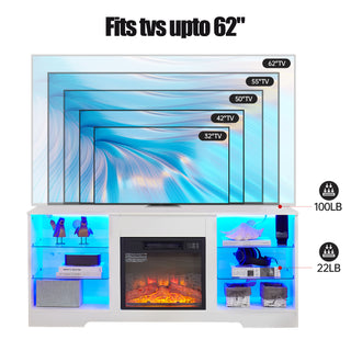 Electric Fireplace TV Stand with LED Lights & Glass Shelves, Modern Entertainment Center with 3D Fireplace Insert and USB Charging Port, Fits 32–62’’ TVs, White Wood Media Console (58’’W)