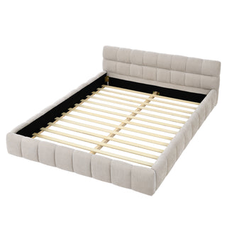Modern Queen Size Upholstered Bed Frame with Headboard, Thick Chenille Fabric, Beige