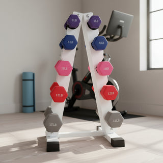 6–10 Pair Dumbbell Set 5–15 lbs – Hex Iron & Rubber Free Weights with Vertical Storage Rack for Home Gym Strength Training