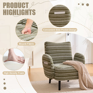 Modern style armchair with sanded fabric, side storage pocket, solid wood legs, comfortable reading chair for living room, bedroom, office