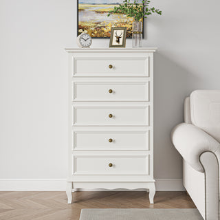 Modern 5 Drawer White Dresser with Solid Wood Legs | Vertical Bedroom Storage