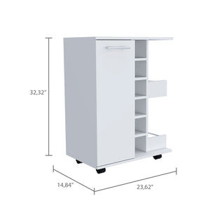 32" H White Bar-Coffee Cart with Cabinet Storage, 4 Wheels, Divided Shelf, Folding Door, and Bottle Holder – Stylish Mobile Storage for Home Bars or Coffee Stations